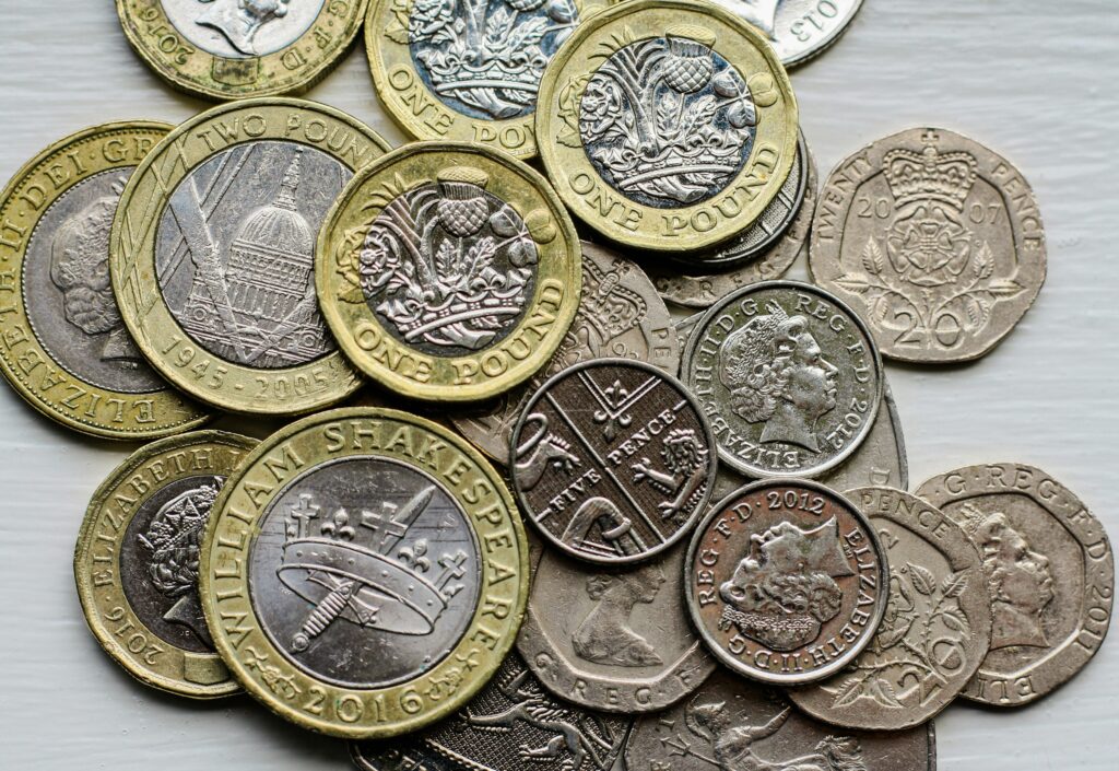 Image of various UK coins, pounds, twenty pence, five pence. Money Saving Tips for small business owners.