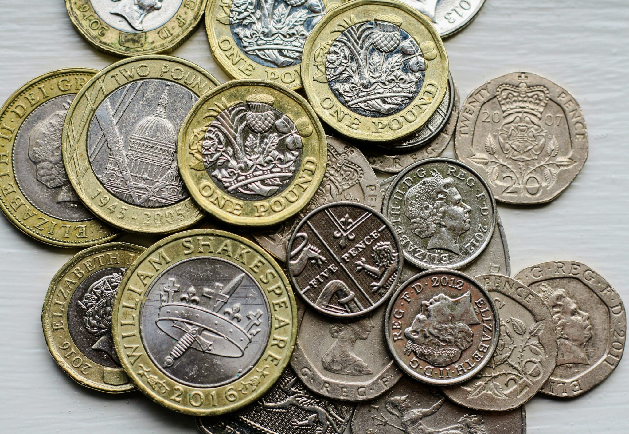 Image of various UK coins, pounds, twenty pence, five pence. Money Saving Tips for small business owners.