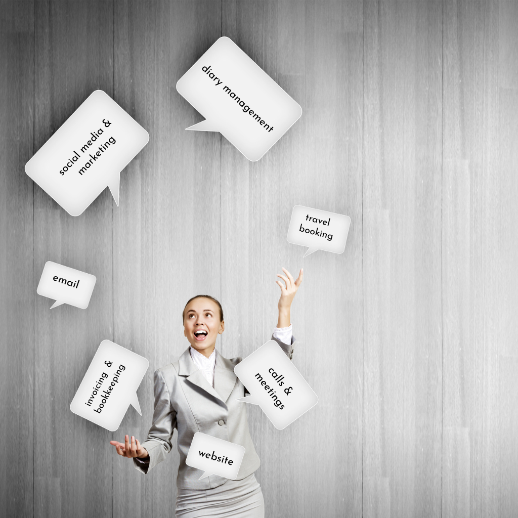 Business owner juggling lots of work. Could a virtual assistant help to save you time and money?